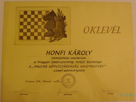 Honfi Kroly nagymesteri oklevele - 1975